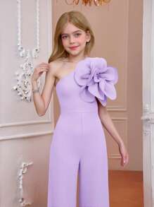 SHEIN Bộ đồ liền thân trang trí hoa 3D đơn giản, thanh lịch, không đối xứng, phù hợp cho bé gái tuổi teen, thích hợp cho tiệc tùng, đám cưới và sự kiện - Màu tím hoa cà - Xem 7