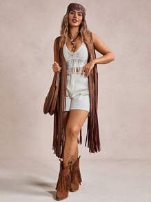 Freevana Autumn/Winter Brown Tassel Bohemian Style Country Music Festival Long Sleeveless Women Casual Coat Vacation Outfits Woman Vacation Outfits Woman