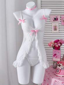 SHEIN 两件套蕾丝荷叶边波尔卡圆点网眼蝴蝶结性感内衣睡裙