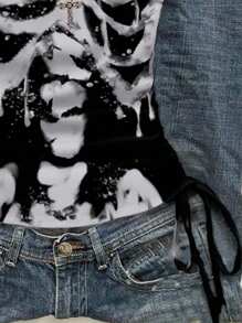 Comfortcana 女士融化骷髅印花镂空系带短款吊带上衣