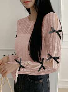 DAZY 女士撞色蝴蝶结装饰圆领长袖夏季透明衬衫 - 粉色 - 查看 3