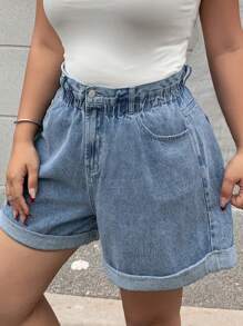 Dazy Plus Elastic Waist Loose Wide Leg Fringed Hem Washed Blue Denim Shorts, Summer