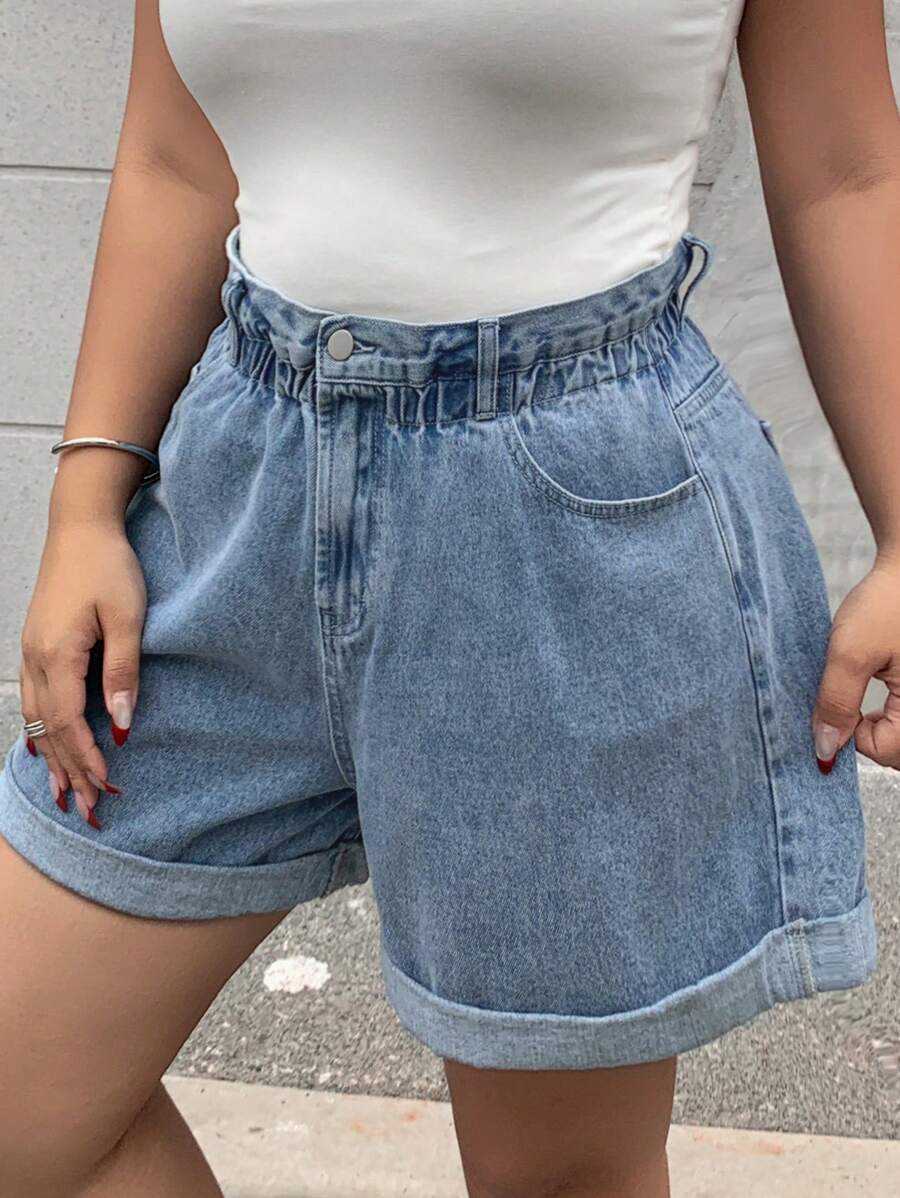 Dazy Plus Elastic Waist Loose Wide Leg Fringed Hem Washed Blue Denim Shorts, Summer