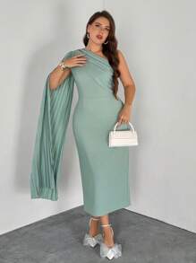 Firerie Vestido midi con mangas tipo poncho en verde menta pálido, de corte entallado y plisado, elegante y romántico, adecuado para temporada de bodas, Día de San Valentín, conciertos de música, actuaciones, citas, banquetes de alto nivel, bailes, bodas, sexy, grácil, para ir a la oficina, fiestas de cumpleaños, vacaciones, playa - verde menta - Ver 6