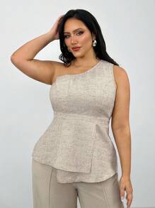 Firerie Plus Size Women's Comfortable Casual Elegant Vacation/Work Commute Asymmetric Hem Sleeveless Shirt, Spring & Summer - Khaki - View 4