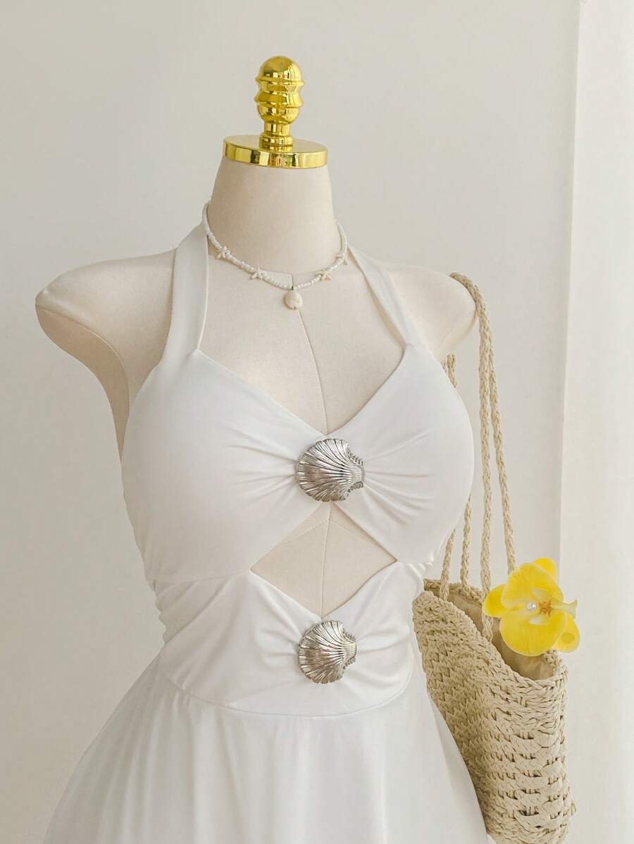 SHEIN EZwear Plus Size Island Vacation Halter Neck Romper With Built-In Leggings - White - View 1