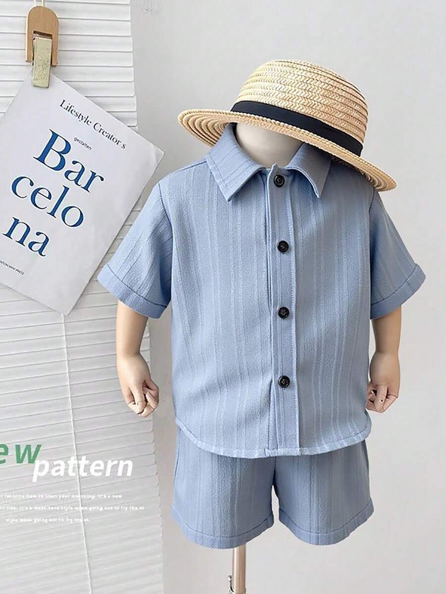 SHEIN Baby Boy'S Solid Color Shirt And Short Set - Dusty Blue - View 1
