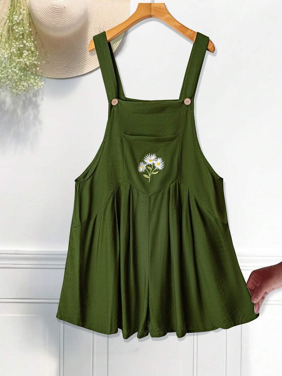 Flirla Bộ đồ liền quần ống rộng thêu hoa cúc phong cách nghỉ mát giản dị mới, quần yếm rộng rãi đa năng - xanh quân đội - Xem 1