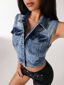 SHEIN EZwear 女式休闲街头按扣无袖牛仔夹克 - 中等水洗藍 - 查看 1