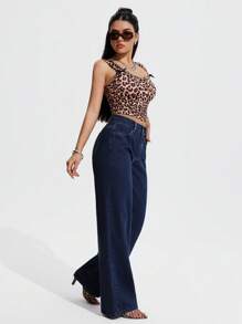 SHEIN PETITE Women Casual Fashion Versatile Straight Button Fly Denim Jeans - Royal Blue - View 6