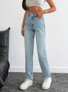 SHEIN Cottnline Casual Daily Washed High Waist Tapered Jeans Women Short Set Women Jeans High Waisted Low Waisted Jeans Mom Jeans Women - Medium Wash - View 4