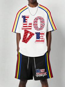 ROMWE MEN Prep Men's Casual Short Sleeve T-Shirt And Shorts 2 Pieces Set - Multicolor - View 2