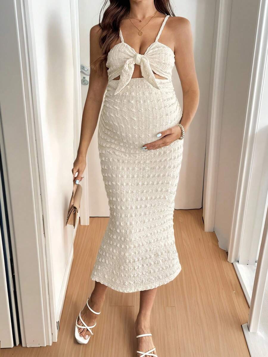 SHEIN Maternity Solid Color Hollow Out Knot Slim Fit Elegant Cami Dress Baby Shower Dress Maternity Maternity Dress Baby Shower Work Summer Dresses Women Short Dresses Summer Women White Dress - Apricot - View 1