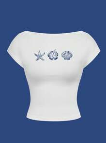 SHEIN MOD Style vacances décontracté, éléments d'étoile de mer, floral et coquille, ambiance île, t-shirt femme moulant dos nu épaules dénudées, convient pour les vacances d'été