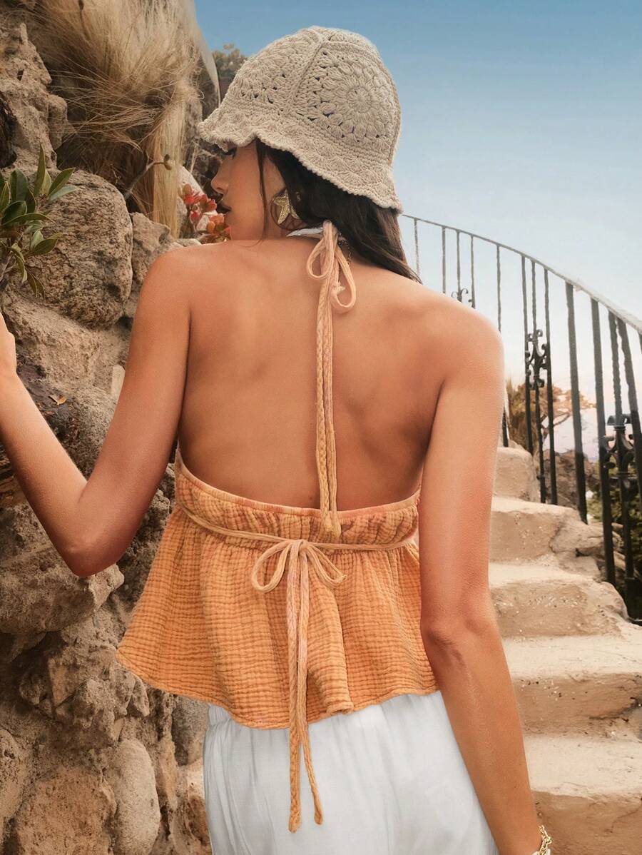 TrendSteals Vintage Bohemian Vacation Orange Ruffled Hem Casual Tank Top For Women Cotton Backless Tie Fall Clothes - Orange - View 1