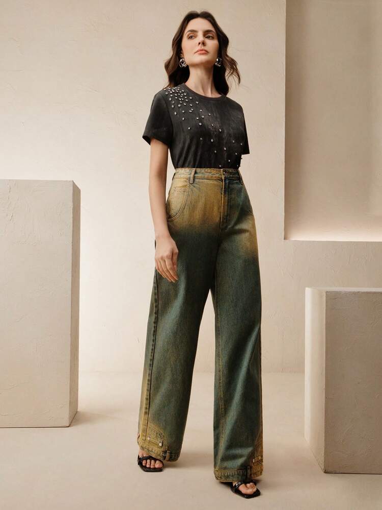 Retro Vintage Contrast Color Pocketed Casual Fashion Denim Pants