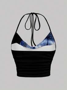 SHEIN EZwear 休闲简约垂坠领蓝色花卉印花系带修身衬衫，适合度假、海滩、春假女生旅行、返校 - 彩色 - 查看 2