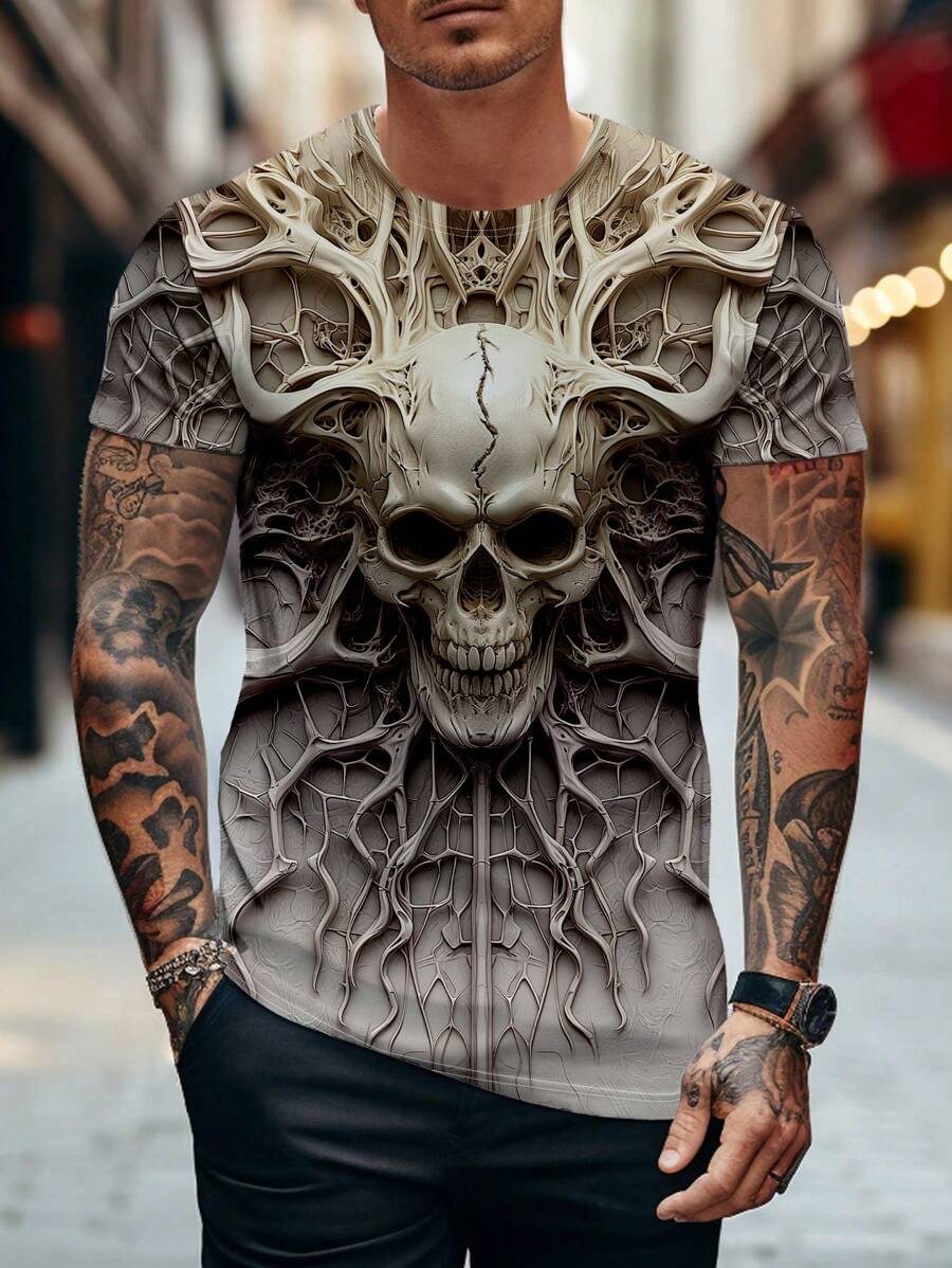 Manfinity LEGND Men's Summer Casual Skull Print Round Neck Short Sleeve T-Shirt