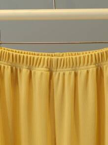 2pcs Pineapple Print Top & Ribbed Pants Girls Vacation Outfit Set - Yellow - View 3