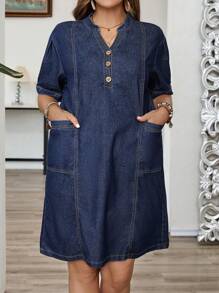 Đầm denim thường ngày cổ chữ V tay ngắn hai túi cỡ lớn mùa hè dành cho nữ - Màu xanh lam - Xem 6