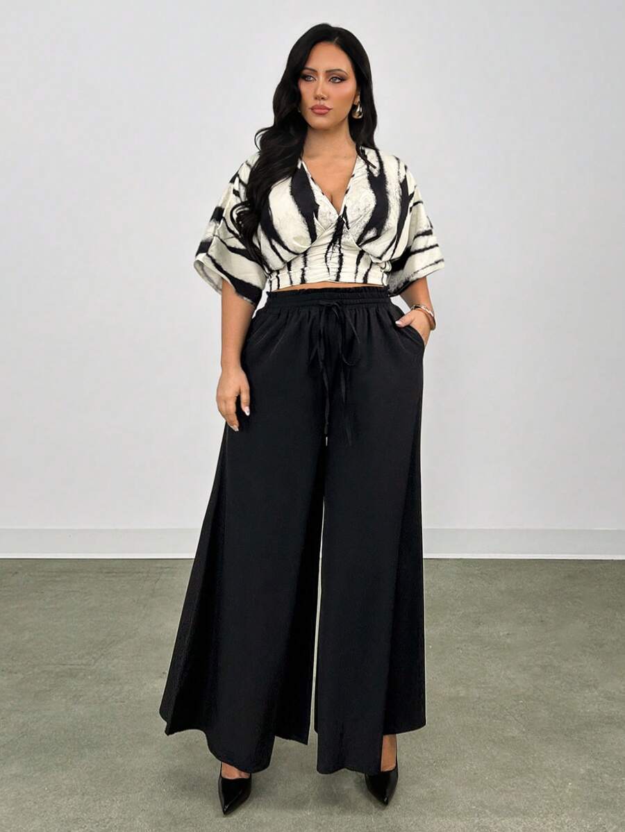 Firerie 2pcs/Set Plus Size Women Summer Elegant V-Neck Allover Print Blouse And Wide Leg Pants