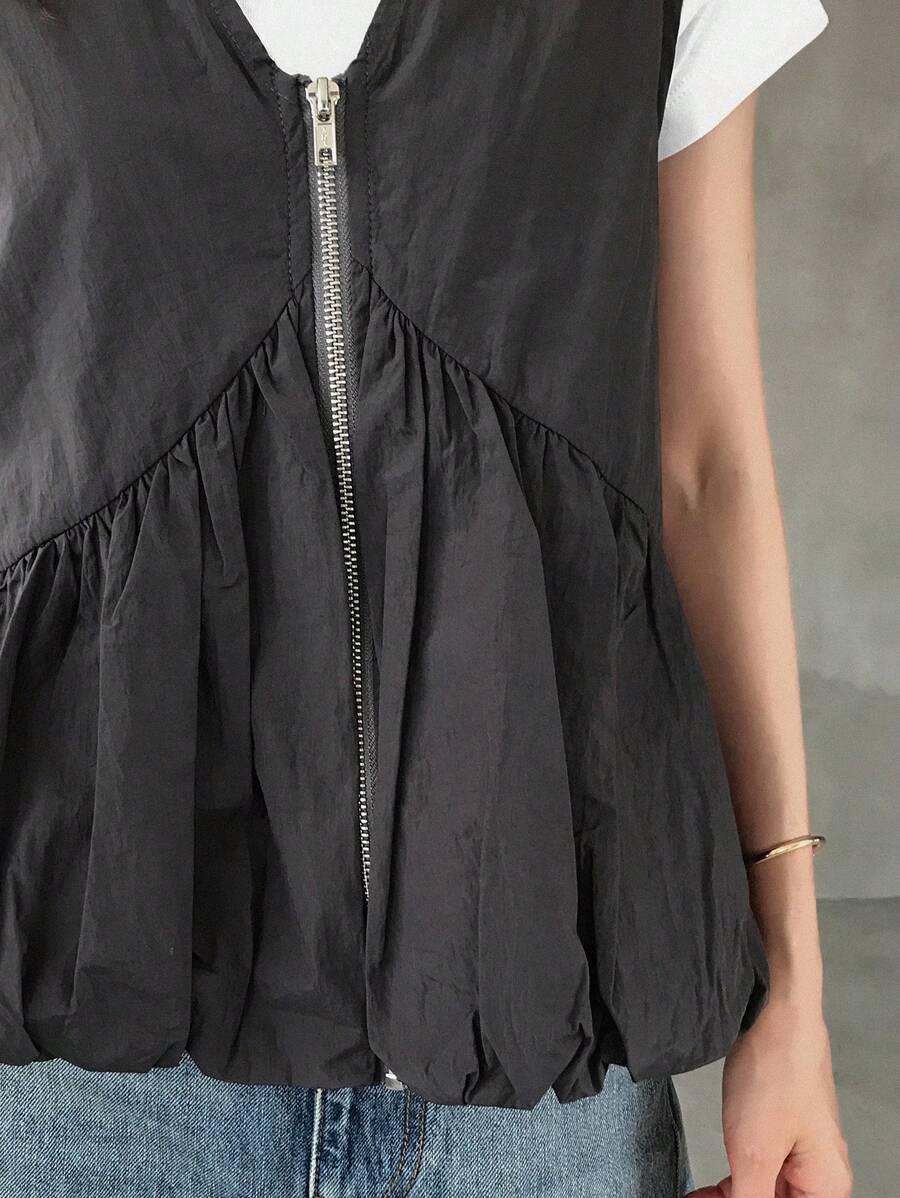 FRIFUL Áo ba lỗ không tay màu xám đậm trơn có khóa kéo phía trước, viền nhún, thường ngày đa năng, mặc đi nghỉ dưỡng - Màu xám đen - Xem 1