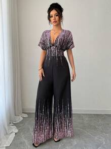 Rafferiza V领蝙蝠袖印花短袖连体裤 - 紫色 - 查看 5