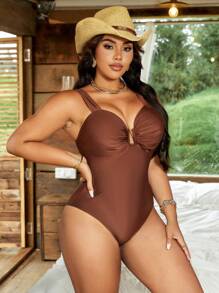 Swim Basics Đồ bơi một mảnh hở lưng gợi cảm màu trơn cỡ lớn cho nữ, thích hợp cho khu nghỉ dưỡng bãi biển - Cà phê nâu - Xem 4
