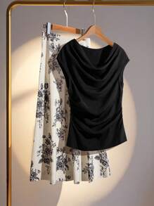 SHEIN Clasi 2件套女士加大码休闲无袖上衣和印花A字裙 - 黑色 - 查看 1