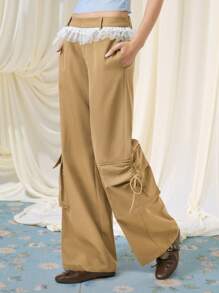 SHEIN MOD Women Mesh Patchwork Pockets Casual Versatile Wide Leg Pants, Lace Ruffle, Solid Color Low Waist Wide Leg Loose Casual Pants, - Khaki - View 4