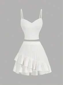 SHEIN MOD Bộ váy 2 món đơn giản, không đối xứng, viền bèo nhún, thoải mái cho nữ - trắng - Xem 1