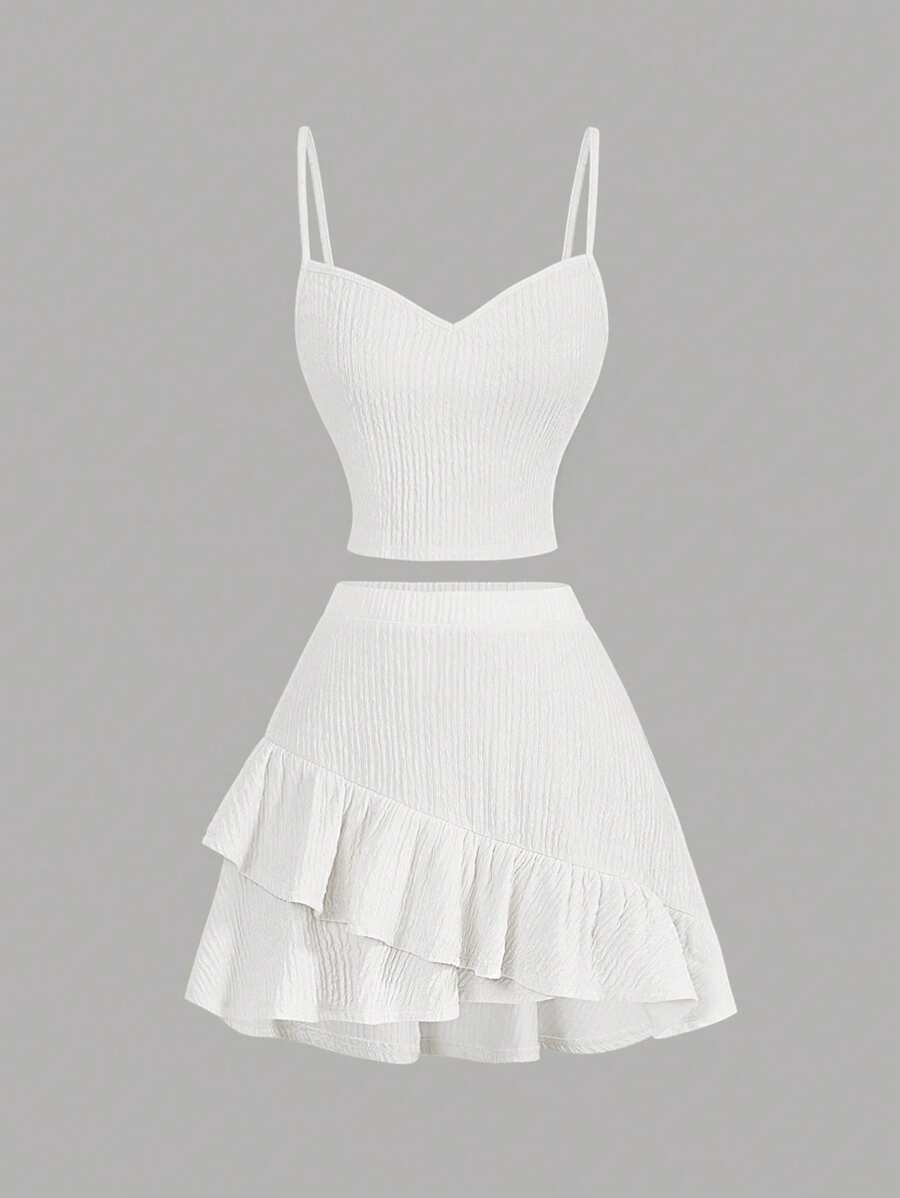 SHEIN MOD Bộ váy 2 món đơn giản, không đối xứng, viền bèo nhún, thoải mái cho nữ - trắng - Xem 1