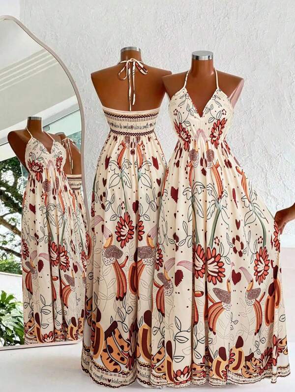 SHEIN Robe à lacets dos nu à imprimé floral pour femmes, style resort