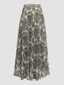 SHEIN LUNE 大码夏季时尚满印花弹力腰雪纺裙，适合感恩节长裙