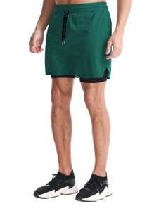 Manfinity Sport Corelite Pantalones cortos deportivos de verano informales para hombres con cintura con cordón, bolsillos parche y 2 en 1