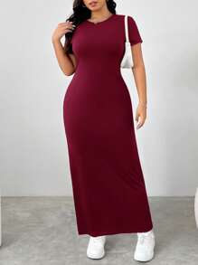 SHEIN EZwear 夏季大码优雅纯色修身连衣裙 - 酒紅色 - 查看 4