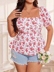 SHEIN Clasi Camisa casual y elegante de talla grande para mujer con cuello cuadrado, mangas abullonadas, cintura y volantes en el bajo con estampado floral - Multicolor - Ver 5
