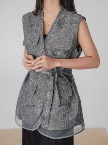 Dazy-Less 网眼拼接背心，腰带设计，宽松商务休闲风，适合办公室通勤；女士V领钩编流苏休闲外套，适合春夏秋季穿着。 - 灰色 - 查看 6