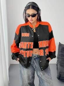 POPSWAY Plus Size Women Letter Print Contrast Color Single-Breasted Casual Jacket Winter Fall Autumn - Multicolor - View 1