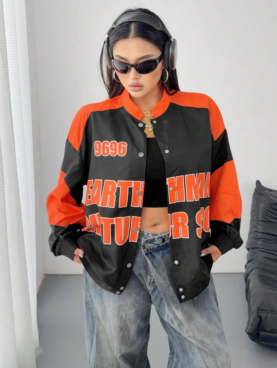 POPSWAY Plus Size Women Letter Print Contrast Color Single-Breasted Casual Jacket Winter Fall Autumn - Multicolor - View 1