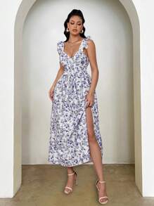 SHEIN LUNE Váy du lịch buộc eo họa tiết hoa thanh lịch - Màu xanh lam - Xem 3