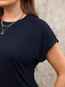 SHEIN LUNE 大码纯色插肩袖T恤，夏季休闲装 - 藏蓝色 - 查看 4