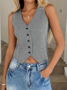 Easowa 女式秋季千鸟格印花背心式衬衫