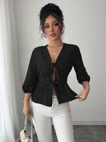 Elenzga Blusa elegante de mangas de linterna con nudo al frente y cintura ceñida - Negro - Ver 4