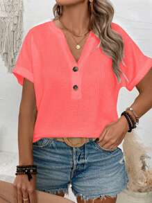 SHEIN 2025 New Arrival Plus Size Women Casual V-Neck Button Shoulder Short Sleeve T-Shirt, Sea Salt Blue-Green