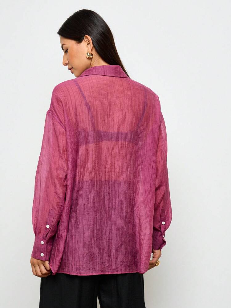 AiiRZ Oversized Lightweight Semi Sheer Button Down Blouse Autumn Winter Tunic Length Office Work Professional Loose Fit Collared Top