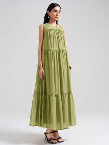 Ontre 2025 Women's Summer Extra Long Slit Ruffle V-Neck Sleeveless Maxi Dress, Fashionable Urban, Romantic Vacation, Island Resort, Party Outfit, Elegant, Loose & Comfortable, Flared Skirt, Business Casual Women Vacation Dress - Green - View 5