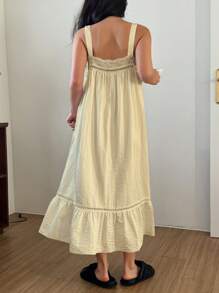 DAZY 无袖蕾丝拼接宽肩带荷叶边下摆纯色女士睡袍睡衣，Moo Moo - 黃色 - 查看 2