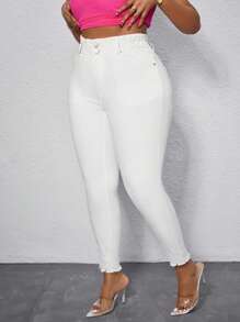 Slaydiva Pantalones vaqueros blancos de talla grande para mujer estilo vaquera de otoño, pantalones casuales y cómodos para mujeres altas - Blanco - Ver 4