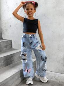 SHEIN Explorewe Nuovi jeans dritti in denim strappati e lavati di colore azzurro chiaro, stile casual, misura piccola per ragazze